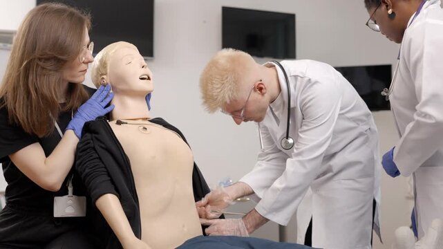 Medical students practicing catheterization on a patient simulator dummy