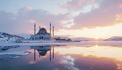 Beautiful mosque with twin minarets reflected on icy lake at dawn. Peaceful winter islamic landscape with warm light and pastel sky for ramadan or travel themes.