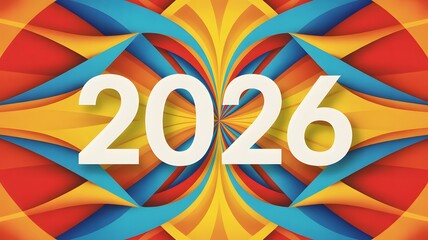 Vibrant abstract geometric pattern in warm colors with the year 2026 prominently displayed in white text