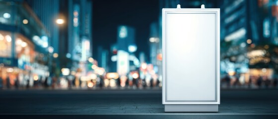 Modern urban cityscape at night with illuminated buildings busy street and empty advertising billboard in foreground