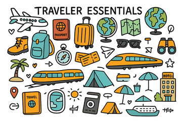 Traveler's Doodle Essentials. Traveler essentials. Hand-drawn doodle illustration airplane (colored), passport (colored), luggage (colored), globe (colored),