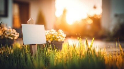 Tranquil outdoor scene with blank white signboard in grassy garden du golden sunset with blooming flowers and blurred background