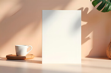 Minimalist Mockup with Coffee Cup and Tropical Plant Shadow on W