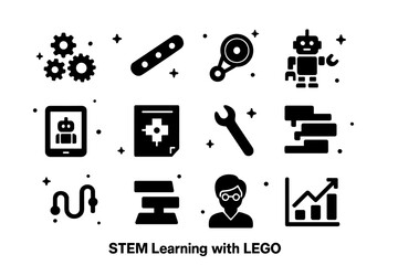 Naklejka premium STEM LEGO Icon Set. STEM Learning with LEGO. Solid icons set of STEM Learning with LEGO: gears, axles, pulley, robot, tablet, instruction sheet, wrench, code