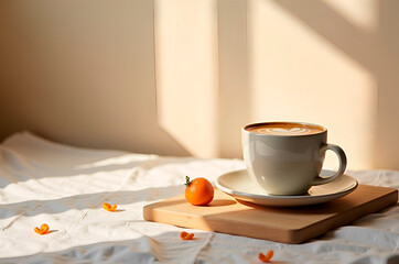 Morning Coffee and Citrus Fruit on Linen Sheet with Soft Sunligh