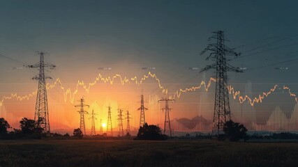 Electric power transmission towers with digital energy chart overlay at sunset representing power market trends - Powered by Adobe