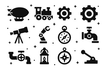 Victorian Icon Set. Victorian Inventions. Solid icons set of Victorian Inventions: airship, steam engine, gear, cogwheel, telescope, mechanical arm, pocket