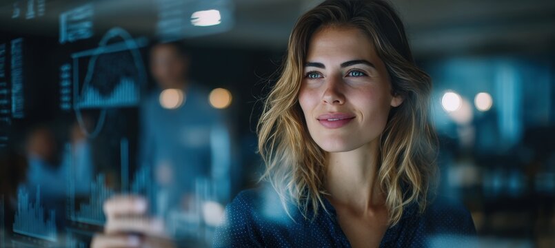 Businesswoman Presenting Data on Digital Whiteboard in High-Tech Office - Powered by Adobe