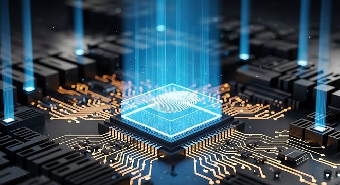 Closeup of a glowing cpu with a fingerprint hologram, showcasing advanced technology and secure data processing in a modern computing environment