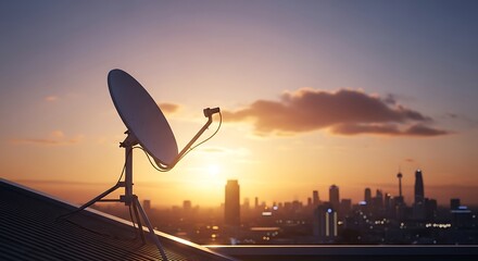 Satellite Dish Silhouette Against a Vibrant Sunset Over a City Skyline.