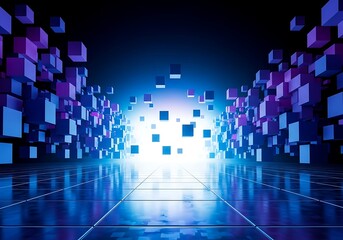 Blue and purple cubes in a digital tunnel with reflective floor