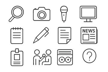 Investigative Tools Icons. Investigative tools. Line icon set of investigative tools: magnifying glass, camera, microphone, computer, notepad, pen, document,