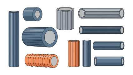 Metallic Cylinders Assortment: A detailed illustration showcasing an array of industrial metallic cylinders, with various lengths and designs, highlighting textures, materials, and shapes.