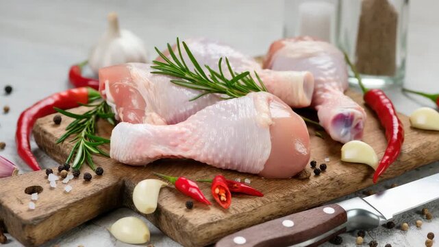 Uncooked chicken legs with herbs, garlic and red chili on wooden board. Surrounded by pepper and salt grains. Fresh meat and spices for recipe preparation.