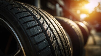 Fototapeta premium Close-up of New Black Car Tires with Sunlit Tread Patterns