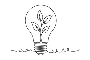 light bulb with green leaves,
Lightbulb with Plant,
Continuous Line Drawing Symbolizing Growth and Innovation