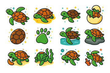 Fototapeta premium Colorful Turtle Icons. Turtle diversity. Colorful isometric vector icons set of turtle diversity: turtle swimming, turtle on sand, baby turtle,