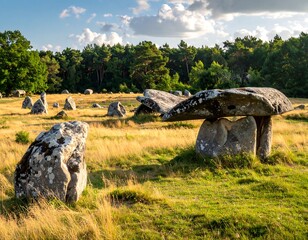 Ancient megalithic structures in a sunlit grassy field with distant trees