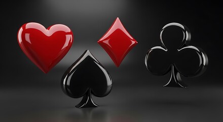A captivating 3d rendering showcases the iconic symbols of playing cards a vibrant red heart and diamond, alongside a sleek black spade and club, all set against a dark backdrop