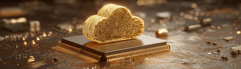 Close-up of a golden cloud-shaped cryptocurrency coin resting on a circuit board with digital background and glowing elements
