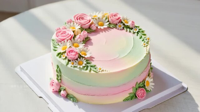 Pastel layer cake with smooth buttercream gradient and detailed floral decoration made of icing, including roses and daisies. Romantic and festive design. Spring mood.