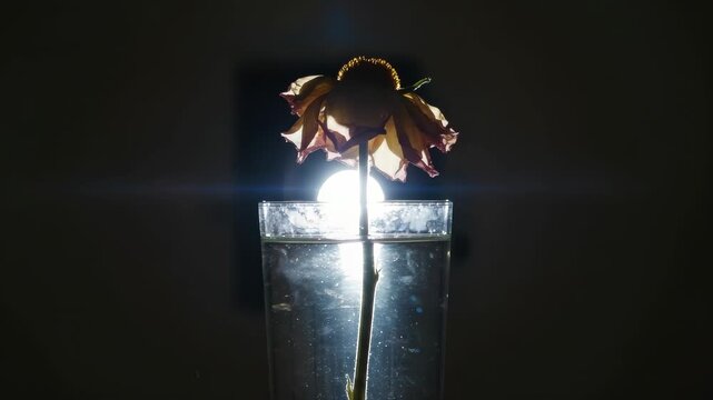 Timelapse of wilting flower drooping into focused light with reflective glass