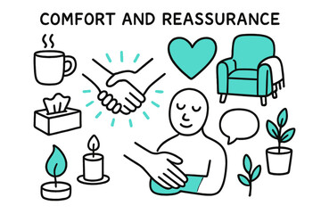 Comforting Icons. // Comfort and reassurance. Hand-drawn doodle illustration Comfort and reassurance [two hands clasped (accented), warm heart (accented), soft