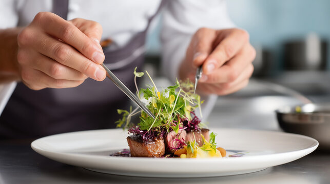 Chef plating dish with tweezers, artistic precision