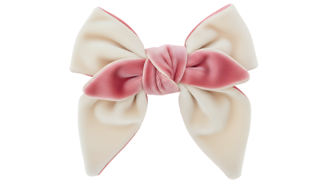 Charming cream and pink velvet bow isolated on transparent background, a delightful hair accessory for girls, adding a touch of elegance to any hairstyle - Powered by Adobe