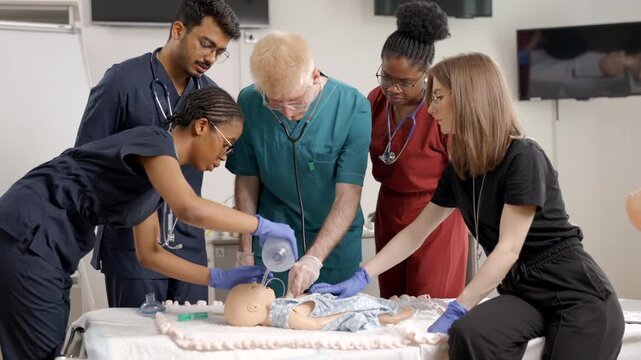 Medical students practicing pediatric resuscitation training on a manikin