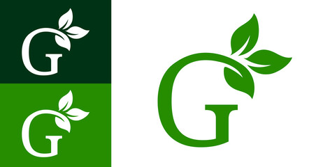Minimalistic Letter G with Leaf Logo Design. Green Leaf Logo Design.