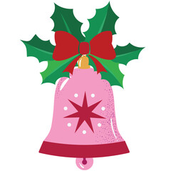 Christmas jingle bell with holly leaves and Red Bow. winter holiday flat style decoration element.