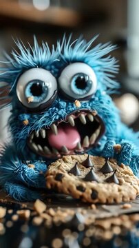A close-up view of Cookie Monster's face, showing his enthusiasm for cookies