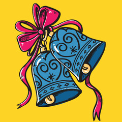 Christmas Jingle Bells with Red Ribbon. Hand-drawn Festive Winter Holiday Decoration doodle vector.
