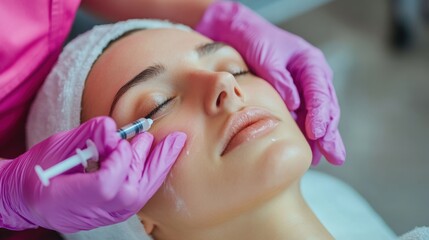 Naklejka premium Young woman receiving cosmetic injection in beauty salon by professional hands in pink gloves close up