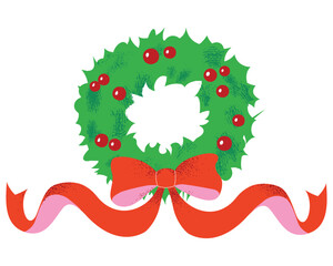 christmas wreath decorated with Red Ribbon and Bow and holly berries vector illustration. winter holiday decoration.