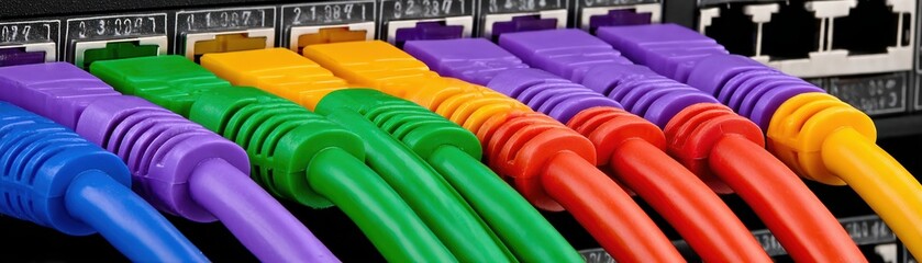 Close-up of colorful Ethernet cables plugged into network ports with vibrant wires for internet connectivity and data transfer