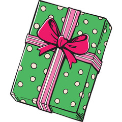 Green wrapped Christmas gift box with Red Bow and Ribbons. outlined present doodle illustration for winter designs. 