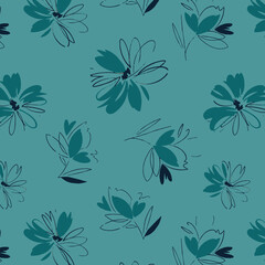 botanical floral seamless pattern with flowers and plants sketch drawing. Abstract handmade flowers. Contours and strokes. Designer wallpaper, cover, textiles
