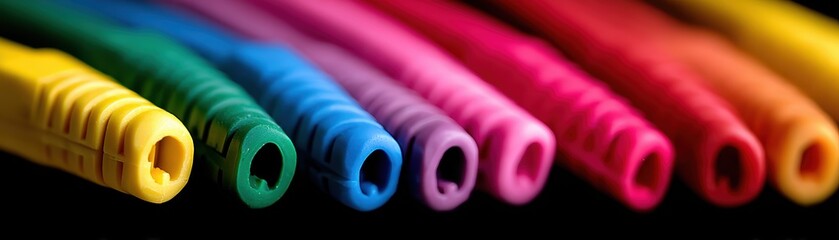 Close-up of colorful plastic conduit pipes arranged in a row on black reflective surface for electrical wi and cable management purposes