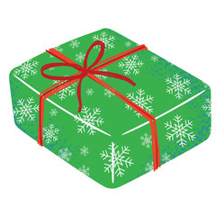 Wrapped Gift Box. with Red ribbon. Green Christmas Present with a winter design 