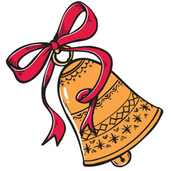 Hand drawn Christmas jingle Bells with Red Ribbon. Festive Winter Holiday Decoration vector doodle art. 
