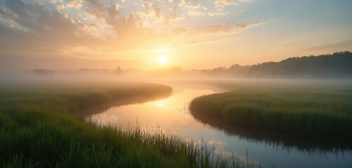 Beautiful spring morning sunrise over winding river. Golden sun rays break through dense fog, illuminating rich green riverbanks. Mist covers distant trees, field. Calm water beautifully reflects