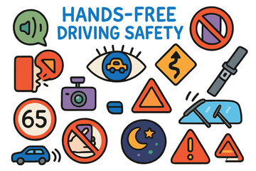 Hands-Free Driving Icons. Hands-free driving safety. Colorful Hand-drawn doodle Children illustration Hands-free driving safety eyes on road icon, do not