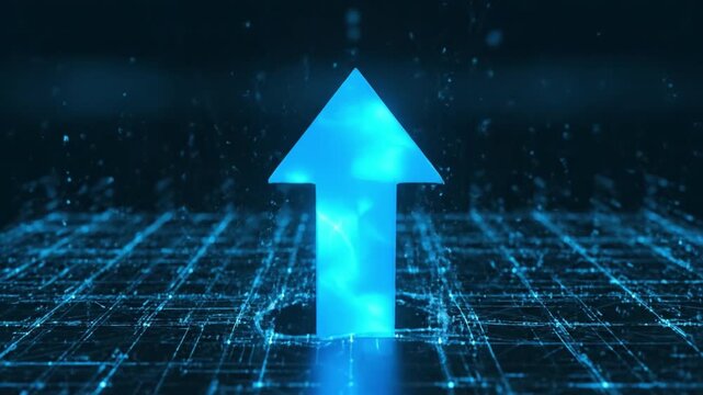 Glowing blue arrow points upward from digital grid, showcasing progress in technology. Futuristic pyramid surrounded by glowing network enhances innovation and creates vibrant atmosphere