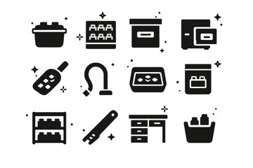 Naklejka premium LEGO Storage Icons. LEGO Storage and Organization. Solid icons set of LEGO Storage and Organization: storage bin, color sorter, labeled box, small drawer,