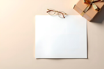 Flatlay arrangement with blank paper, eyeglasses and wrapped gif