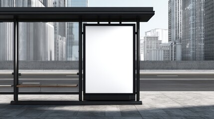 Modern bus stop shelter with blank illuminated advertisement board on city street with skyscrapers in background