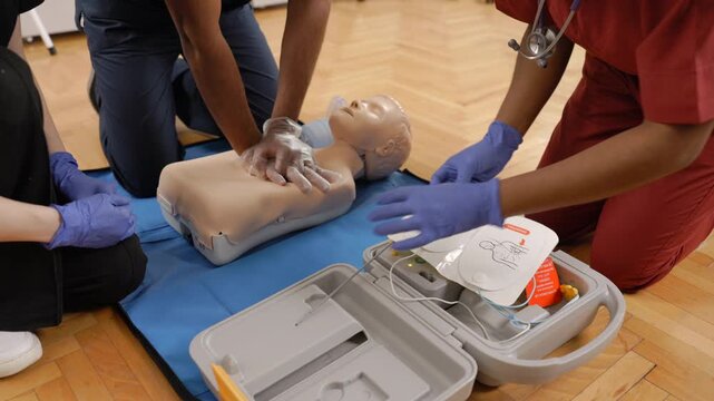 Medical students practicing CPR and defibrillator use on a mannequin