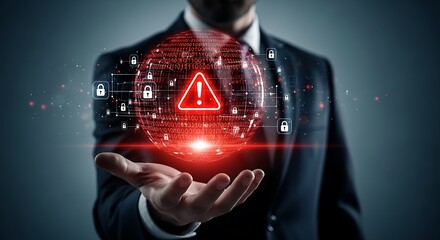 Global network security alert. Businessman analyzing a digital globe showing a critical system warning, symbolizing data protection and cybercrime